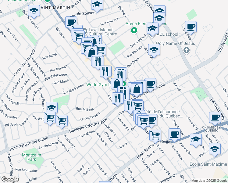 map of restaurants, bars, coffee shops, grocery stores, and more near 946 Boulevard du Curé-Labelle in Laval