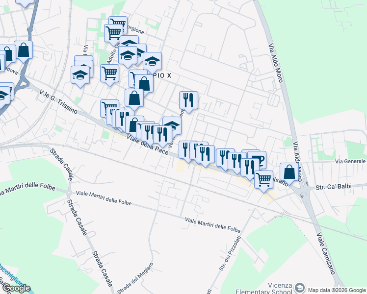 map of restaurants, bars, coffee shops, grocery stores, and more near 236 Viale della Pace in Vicenza