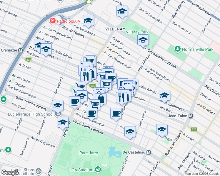 map of restaurants, bars, coffee shops, grocery stores, and more near 7894 Rue Berri in Montréal
