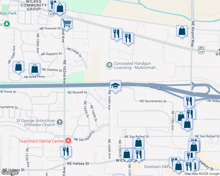 map of restaurants, bars, coffee shops, grocery stores, and more near 2598 Northeast 169th Avenue in Portland