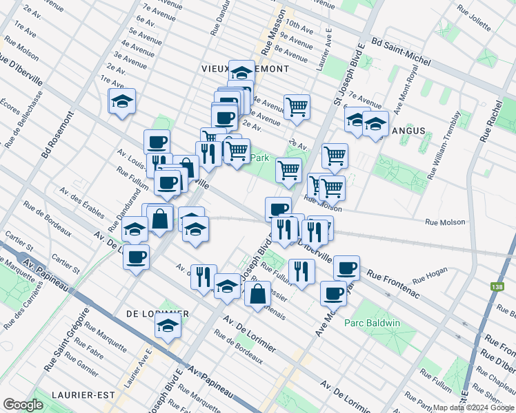 map of restaurants, bars, coffee shops, grocery stores, and more near 2540 Place Pierre-Falardeau in Montréal