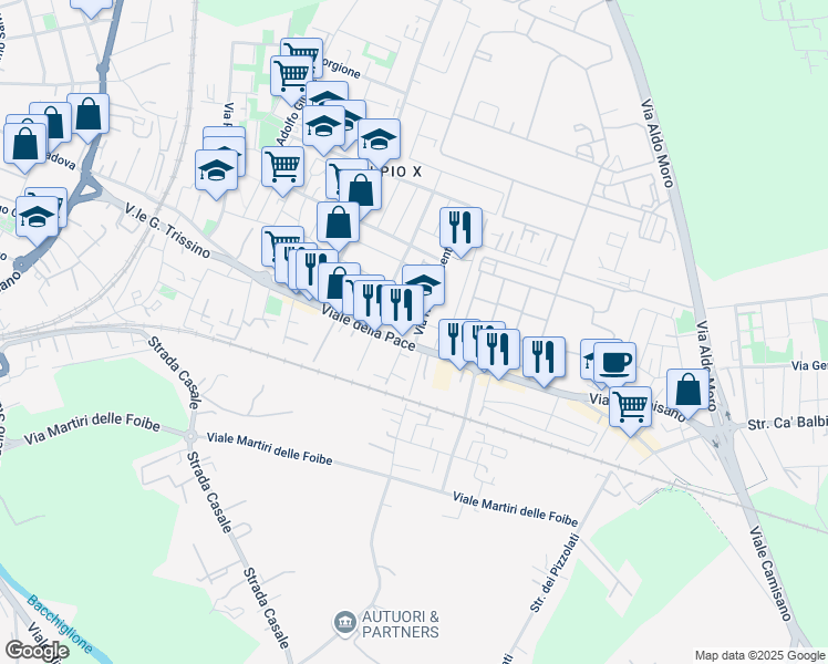 map of restaurants, bars, coffee shops, grocery stores, and more near 224 Viale della Pace in Vicenza