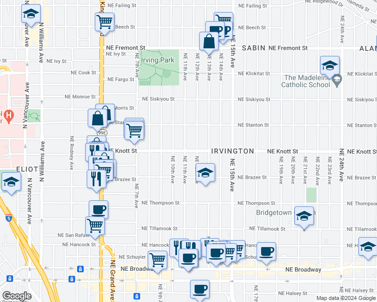 map of restaurants, bars, coffee shops, grocery stores, and more near 2611 Northeast 12th Avenue in Portland