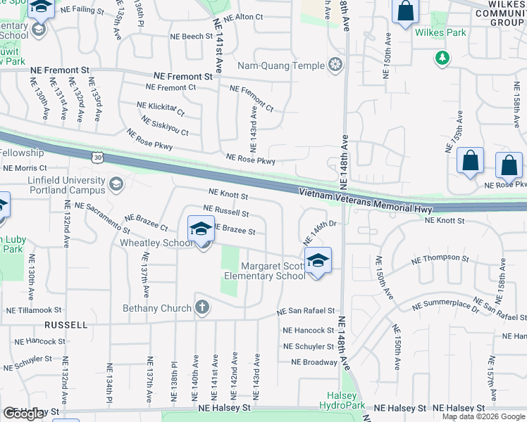 map of restaurants, bars, coffee shops, grocery stores, and more near 14235 Northeast Brazee Street in Portland