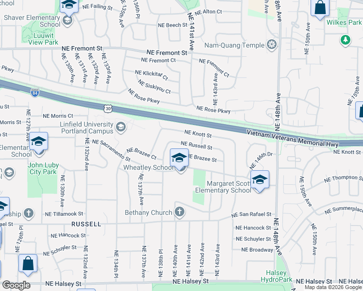 map of restaurants, bars, coffee shops, grocery stores, and more near 14004 Northeast Brazee Street in Portland