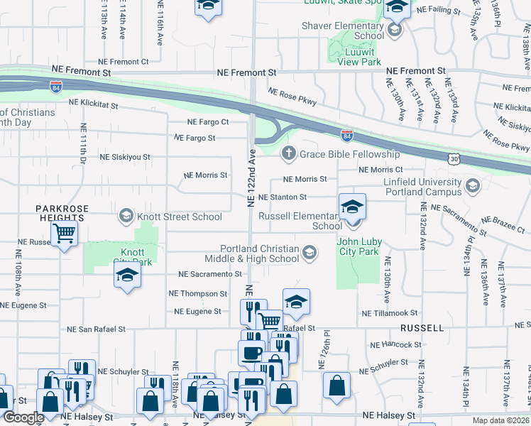 map of restaurants, bars, coffee shops, grocery stores, and more near 12245 Northeast Russell Street in Portland
