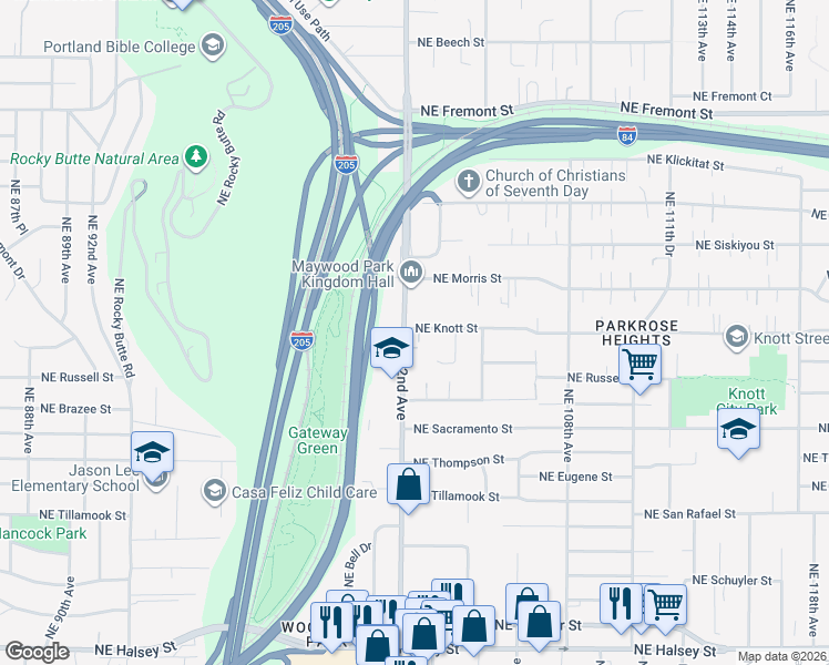 map of restaurants, bars, coffee shops, grocery stores, and more near 2650 Northeast 102nd Avenue in Portland