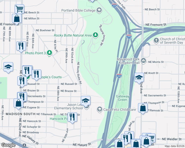 map of restaurants, bars, coffee shops, grocery stores, and more near 2934 Northeast Rocky Butte Road in Portland
