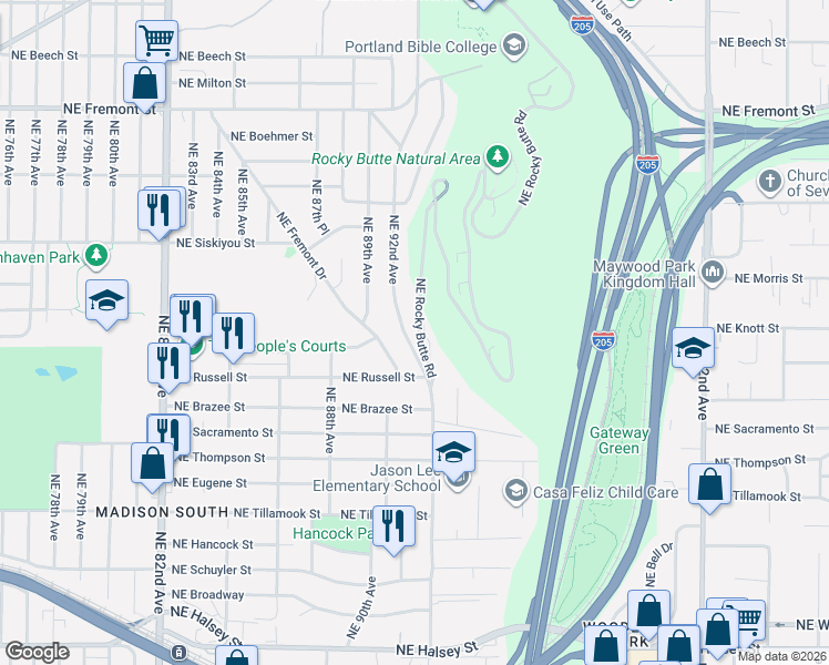 map of restaurants, bars, coffee shops, grocery stores, and more near 2619 Northeast 92nd Avenue in Portland