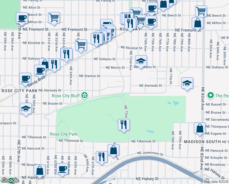 map of restaurants, bars, coffee shops, grocery stores, and more near 6859 Northeast Sacramento Street in Portland