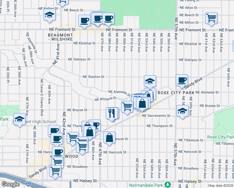 map of restaurants, bars, coffee shops, grocery stores, and more near 2563 Northeast 49th Avenue in Portland