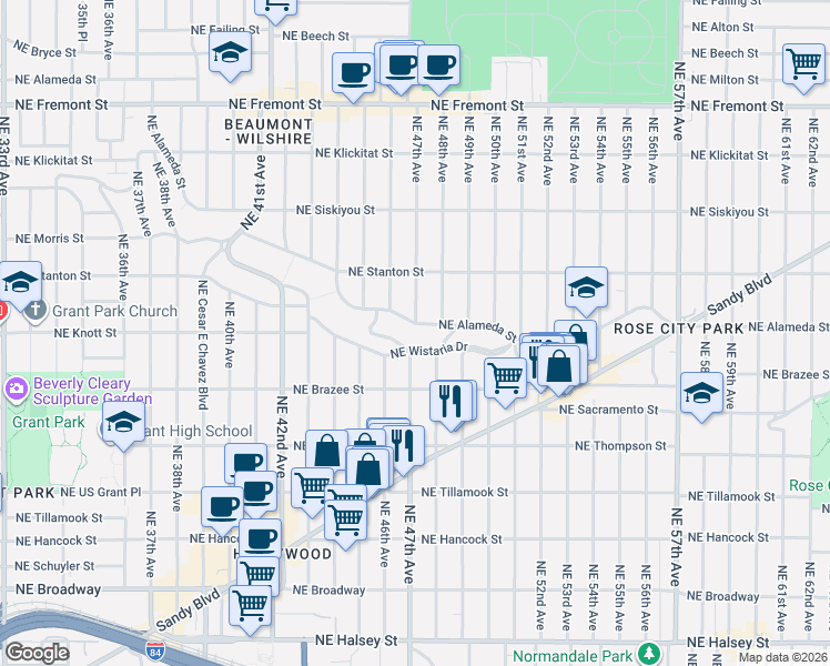 map of restaurants, bars, coffee shops, grocery stores, and more near 4722 Northeast Wistaria Drive in Portland