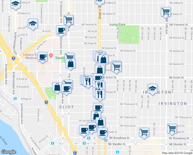 map of restaurants, bars, coffee shops, grocery stores, and more near 305 Northeast Russell Street in Portland
