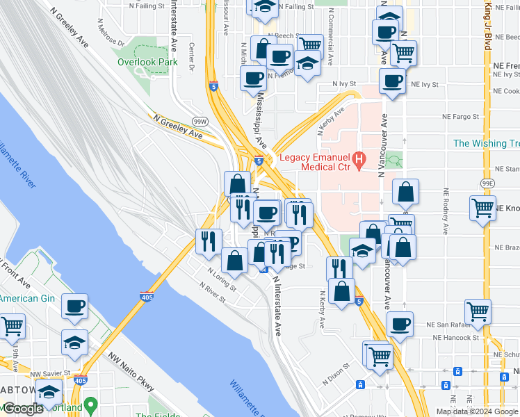 map of restaurants, bars, coffee shops, grocery stores, and more near 2631 North Mississippi Avenue in Portland