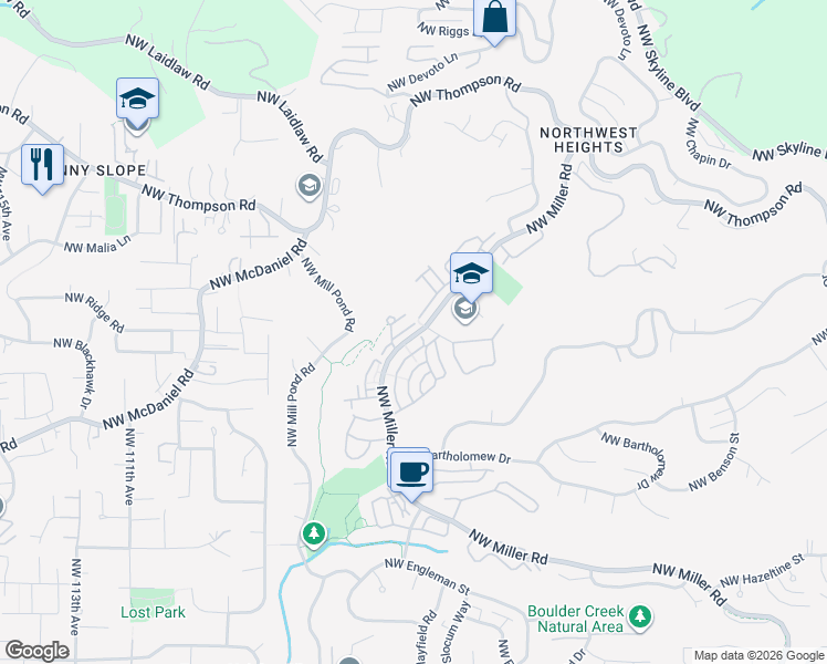map of restaurants, bars, coffee shops, grocery stores, and more near 2527 Northwest Fern Ridge Drive in Portland