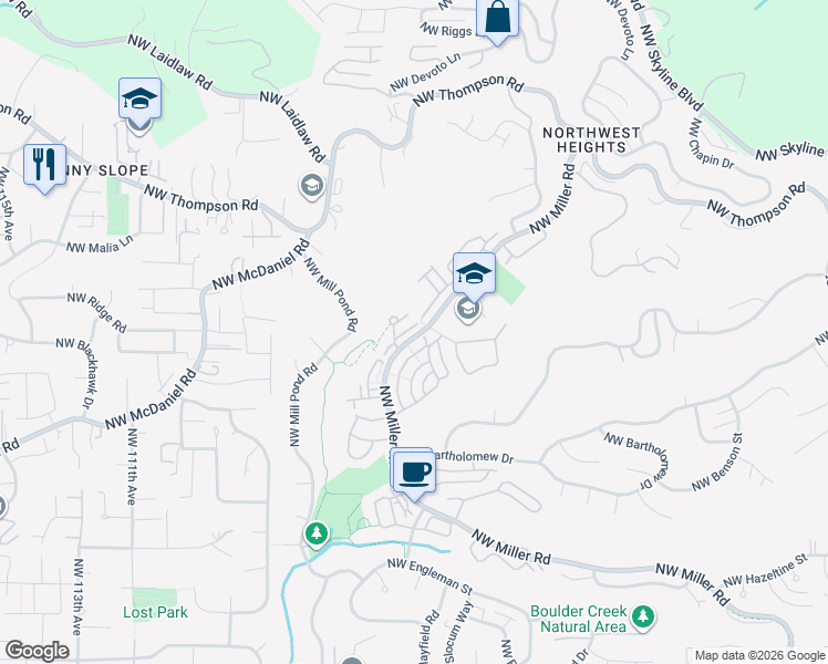 map of restaurants, bars, coffee shops, grocery stores, and more near 2527 Northwest Fern Ridge Drive in Portland