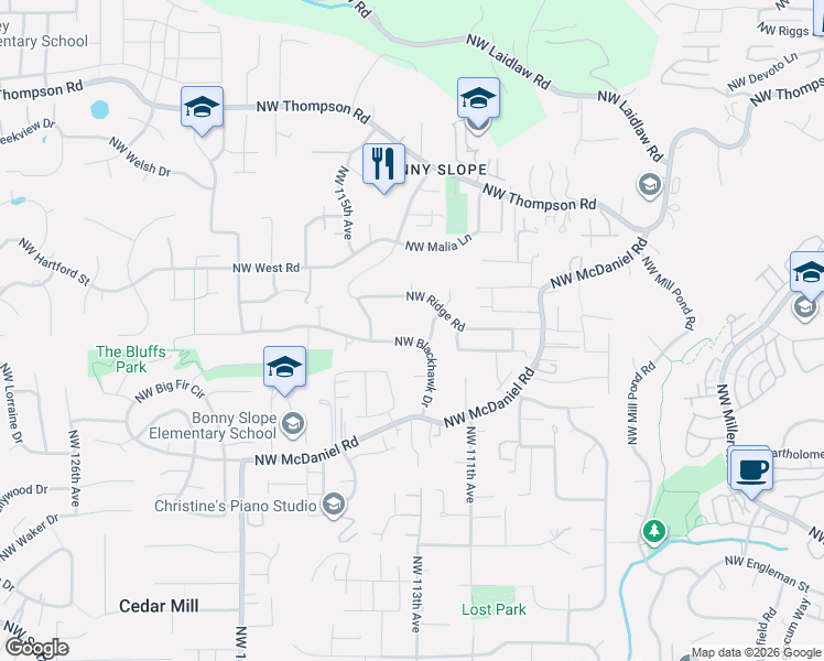 map of restaurants, bars, coffee shops, grocery stores, and more near 11340 Northwest Blackhawk Drive in Portland