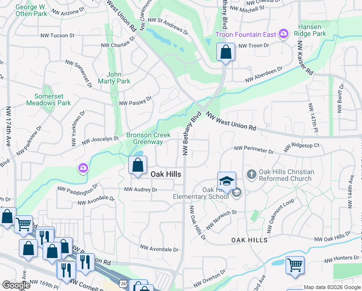 map of restaurants, bars, coffee shops, grocery stores, and more near 3025 Northwest 159th Terrace in Beaverton