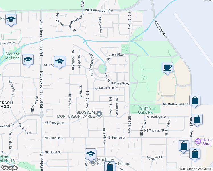 map of restaurants, bars, coffee shops, grocery stores, and more near 2375 Northeast Ashton Way in Hillsboro