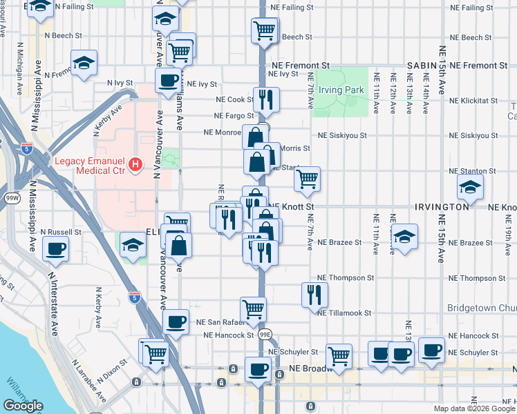 map of restaurants, bars, coffee shops, grocery stores, and more near 305 Northeast Russell Street in Portland