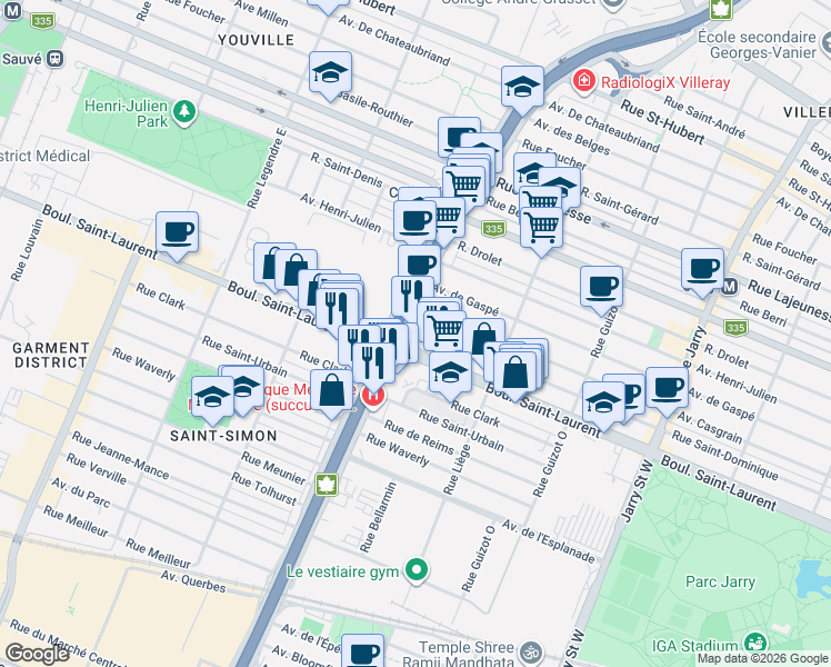 map of restaurants, bars, coffee shops, grocery stores, and more near 20 Boulevard Crémazie Est in Montréal