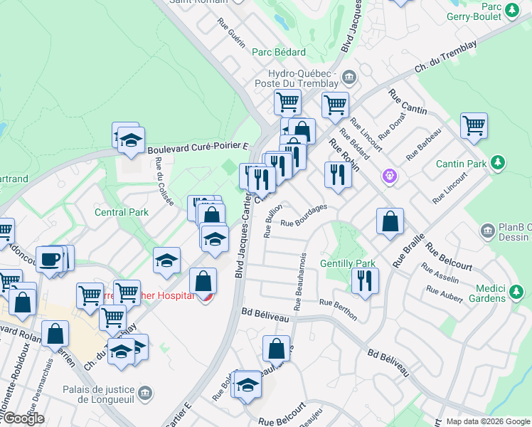 map of restaurants, bars, coffee shops, grocery stores, and more near 1701 Rue Bullion in Longueuil