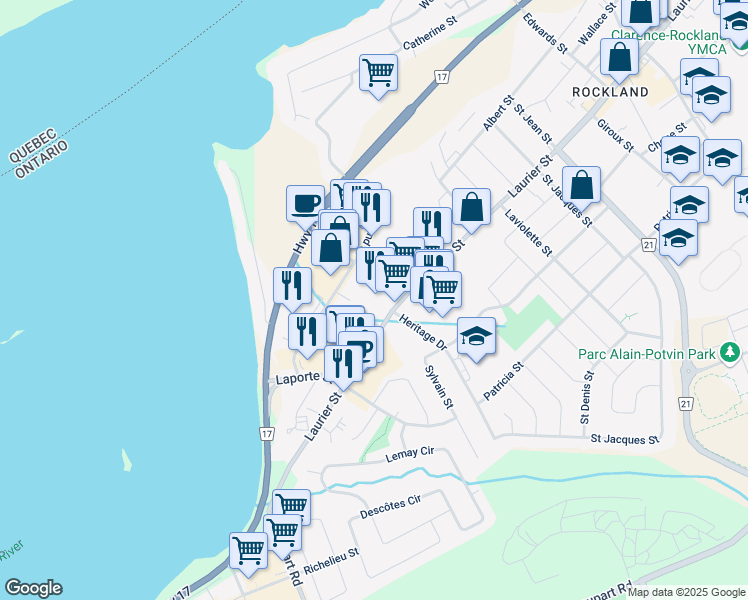 map of restaurants, bars, coffee shops, grocery stores, and more near 2768 Laurier Street in Clarence-Rockland