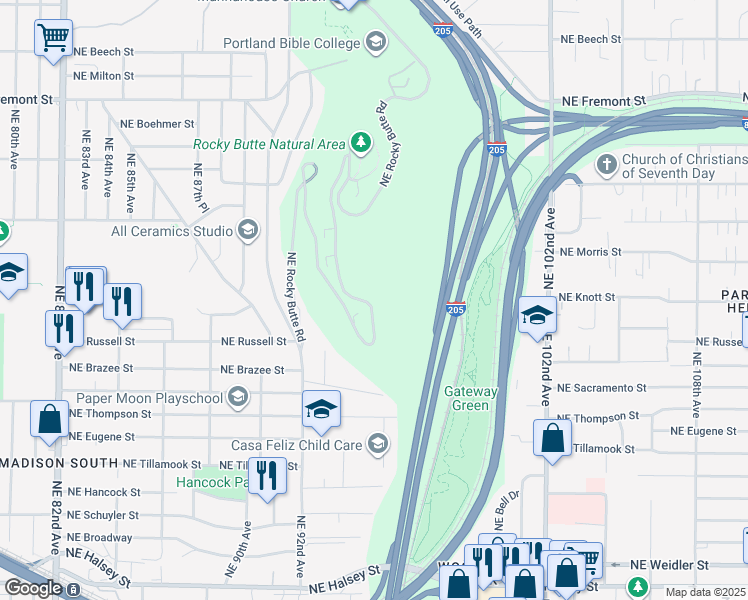 map of restaurants, bars, coffee shops, grocery stores, and more near 3032 Northeast Rocky Butte Road in Portland