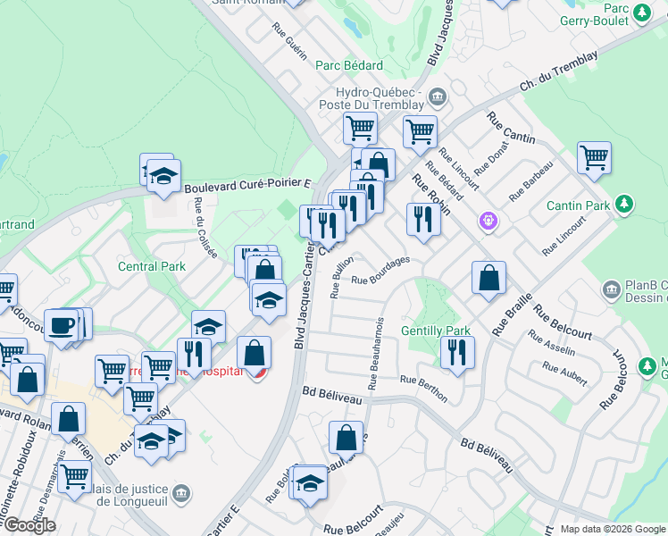 map of restaurants, bars, coffee shops, grocery stores, and more near 1701 Rue Bullion in Longueuil
