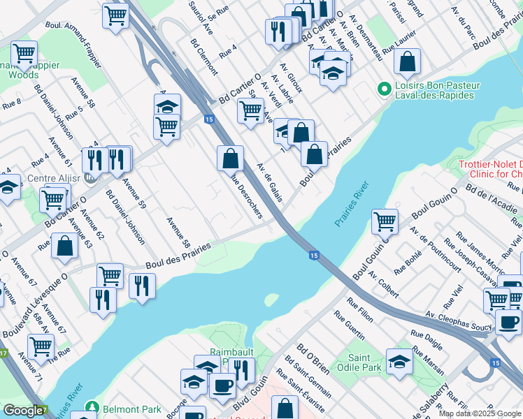map of restaurants, bars, coffee shops, grocery stores, and more near 5 Rue Desrochers in Laval
