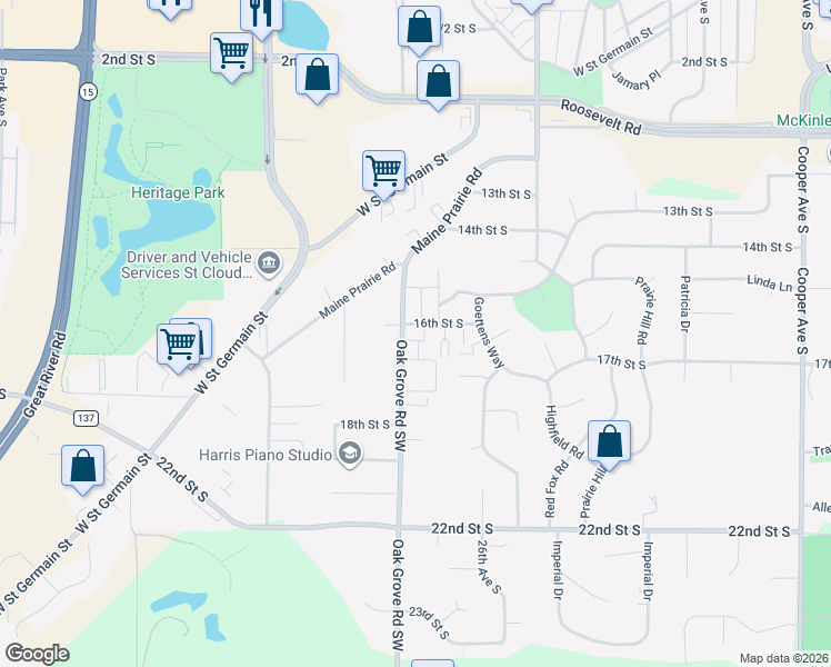 map of restaurants, bars, coffee shops, grocery stores, and more near 2720 16th Street South in Saint Cloud