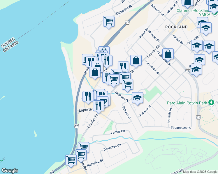 map of restaurants, bars, coffee shops, grocery stores, and more near 2768 Laurier Street in Clarence-Rockland