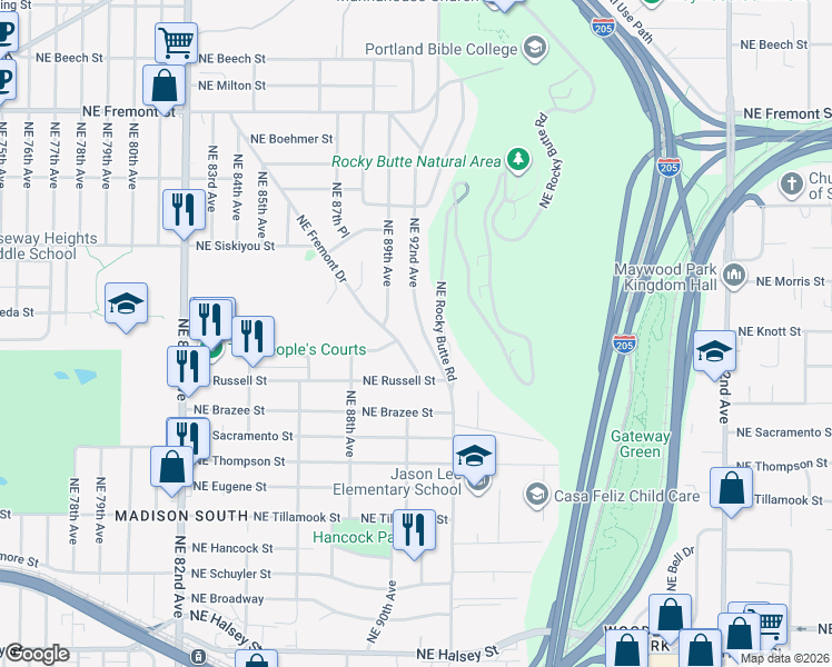 map of restaurants, bars, coffee shops, grocery stores, and more near 2619 Northeast 92nd Avenue in Portland