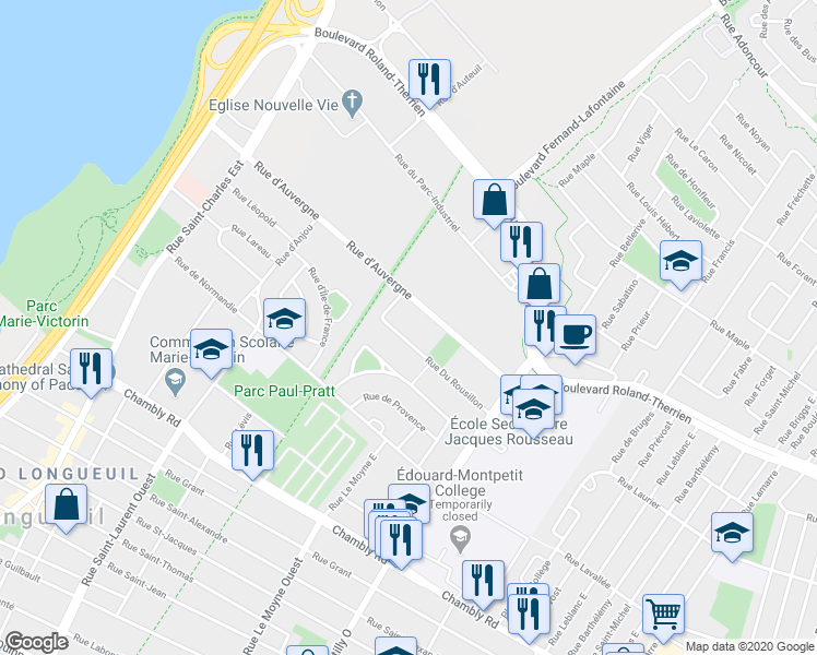 map of restaurants, bars, coffee shops, grocery stores, and more near 555 Rue du Roussillon in Longueuil