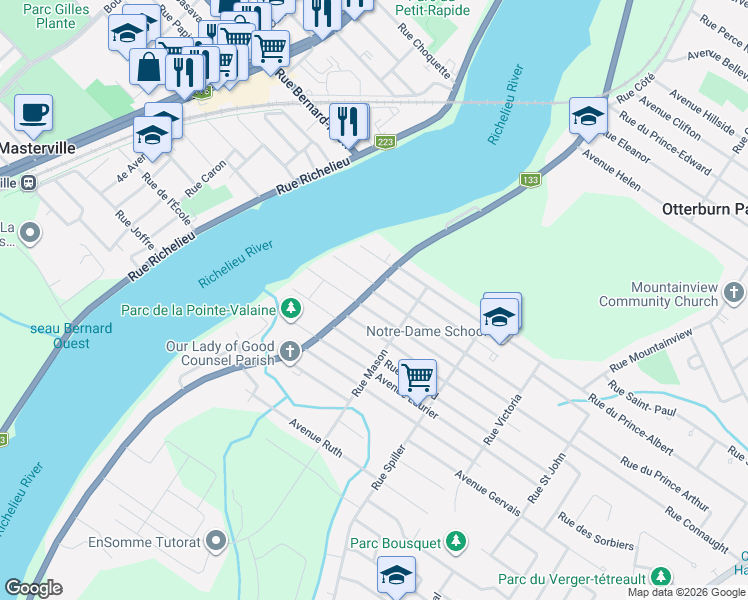 map of restaurants, bars, coffee shops, grocery stores, and more near 842 Chemin des Patriotes in Rouville