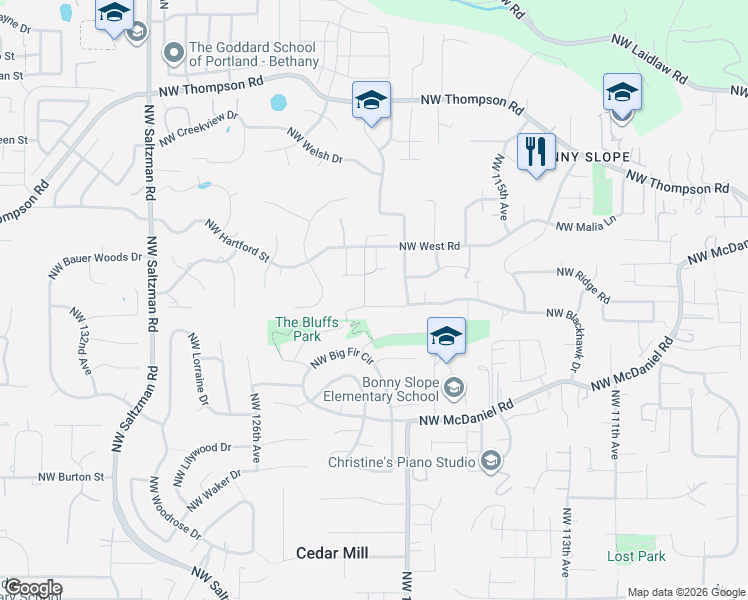 map of restaurants, bars, coffee shops, grocery stores, and more near 12083 Northwest Blackhawk Drive in Portland