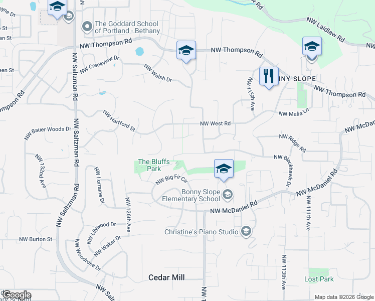 map of restaurants, bars, coffee shops, grocery stores, and more near 12015 Northwest South Drive in Portland