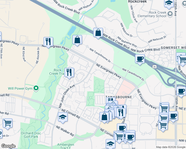 map of restaurants, bars, coffee shops, grocery stores, and more near 3120 Northeast John Olsen Avenue in Hillsboro