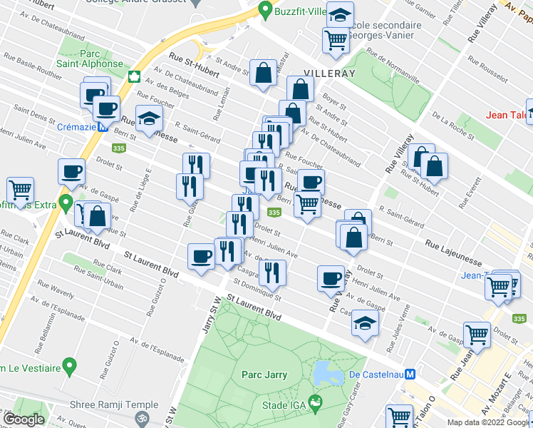 map of restaurants, bars, coffee shops, grocery stores, and more near 8042 Rue Saint-Denis in Montréal