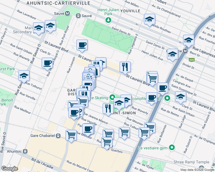 map of restaurants, bars, coffee shops, grocery stores, and more near 9160 Rue Saint-Urbain in Montréal