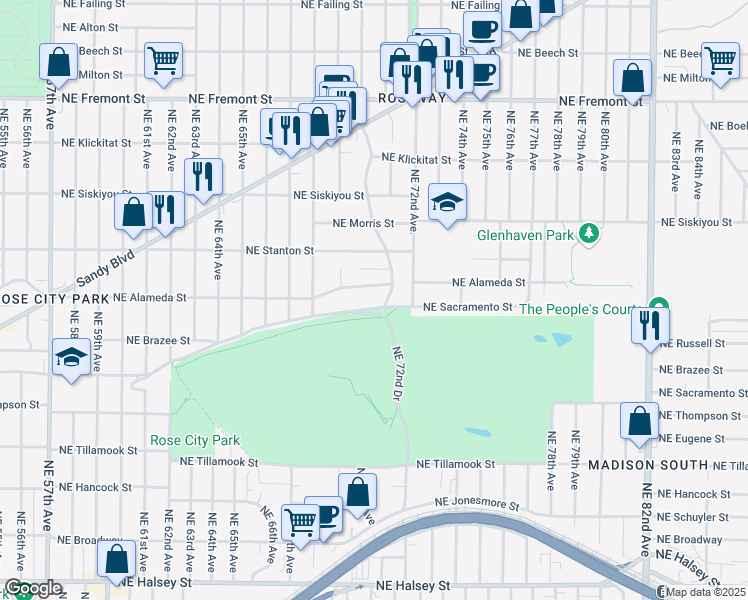 map of restaurants, bars, coffee shops, grocery stores, and more near 6945 Northeast Sacramento Street in Portland