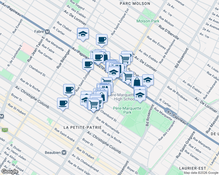 map of restaurants, bars, coffee shops, grocery stores, and more near 6505 Rue Fabre in Montréal