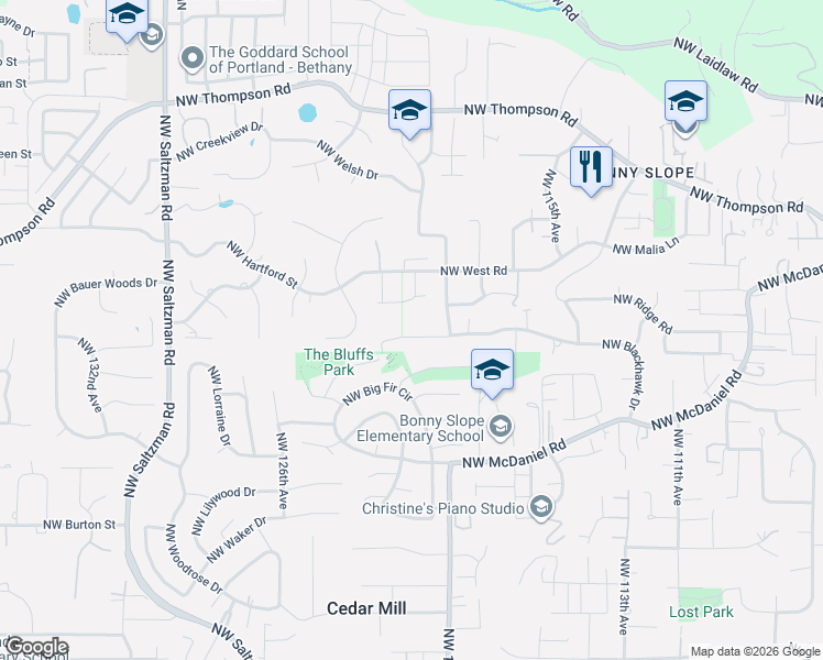map of restaurants, bars, coffee shops, grocery stores, and more near 12015 Northwest South Drive in Portland