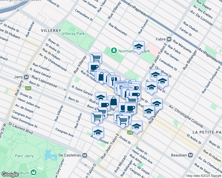 map of restaurants, bars, coffee shops, grocery stores, and more near 7385 Rue Saint-Hubert in Montréal