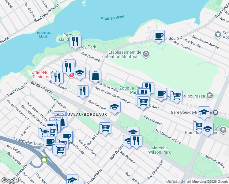 map of restaurants, bars, coffee shops, grocery stores, and more near 11900 Rue de Saint-Réal in Montréal
