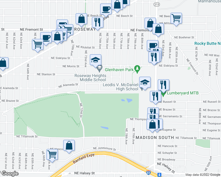map of restaurants, bars, coffee shops, grocery stores, and more near 7530 Northeast Sacramento Street in Portland