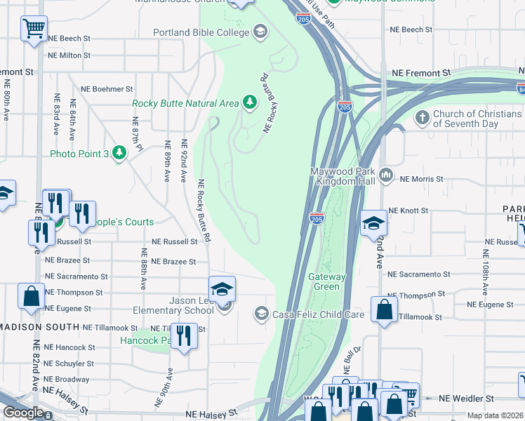 map of restaurants, bars, coffee shops, grocery stores, and more near 3020 Northeast Rocky Butte Road in Portland