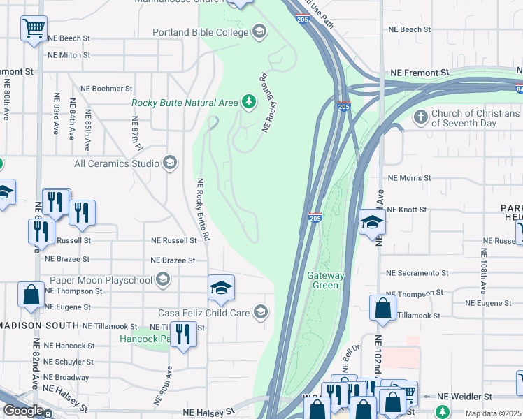 map of restaurants, bars, coffee shops, grocery stores, and more near 3032 Northeast Rocky Butte Road in Portland