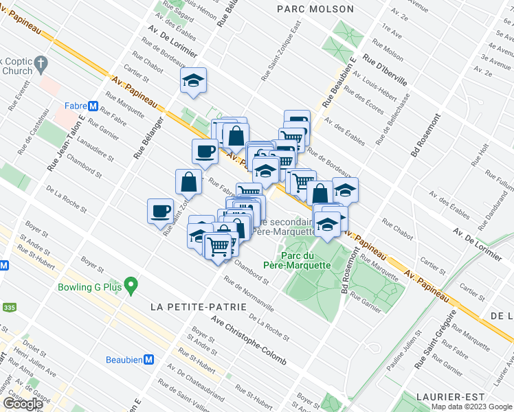 map of restaurants, bars, coffee shops, grocery stores, and more near 6505 Rue Fabre in Montréal