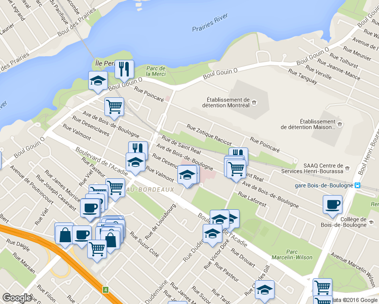 map of restaurants, bars, coffee shops, grocery stores, and more near 11900 Rue de Saint-Réal in Montréal